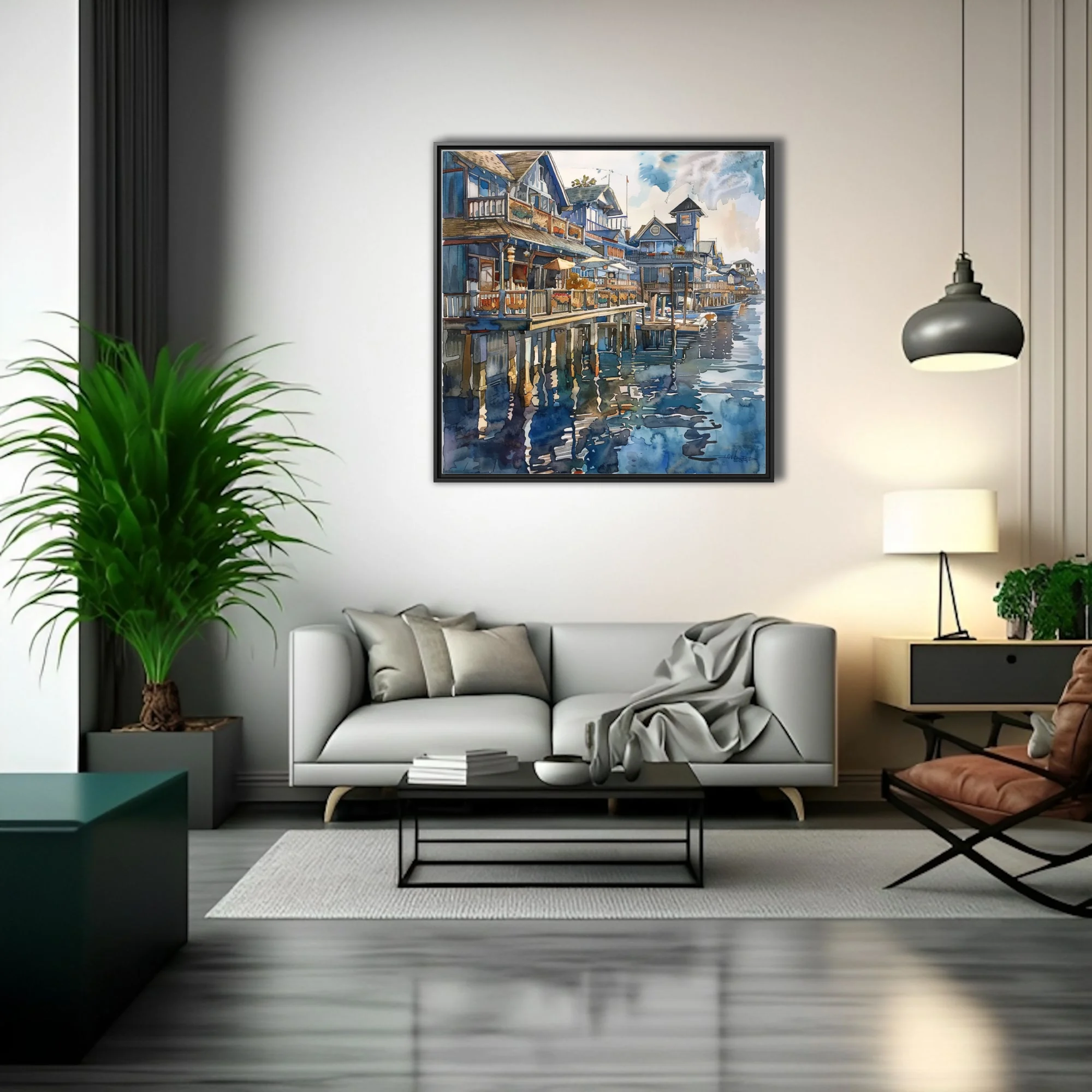 Watercolor-style seaside town with stilted waterfront buildings, boats, and blue harbor reflections
