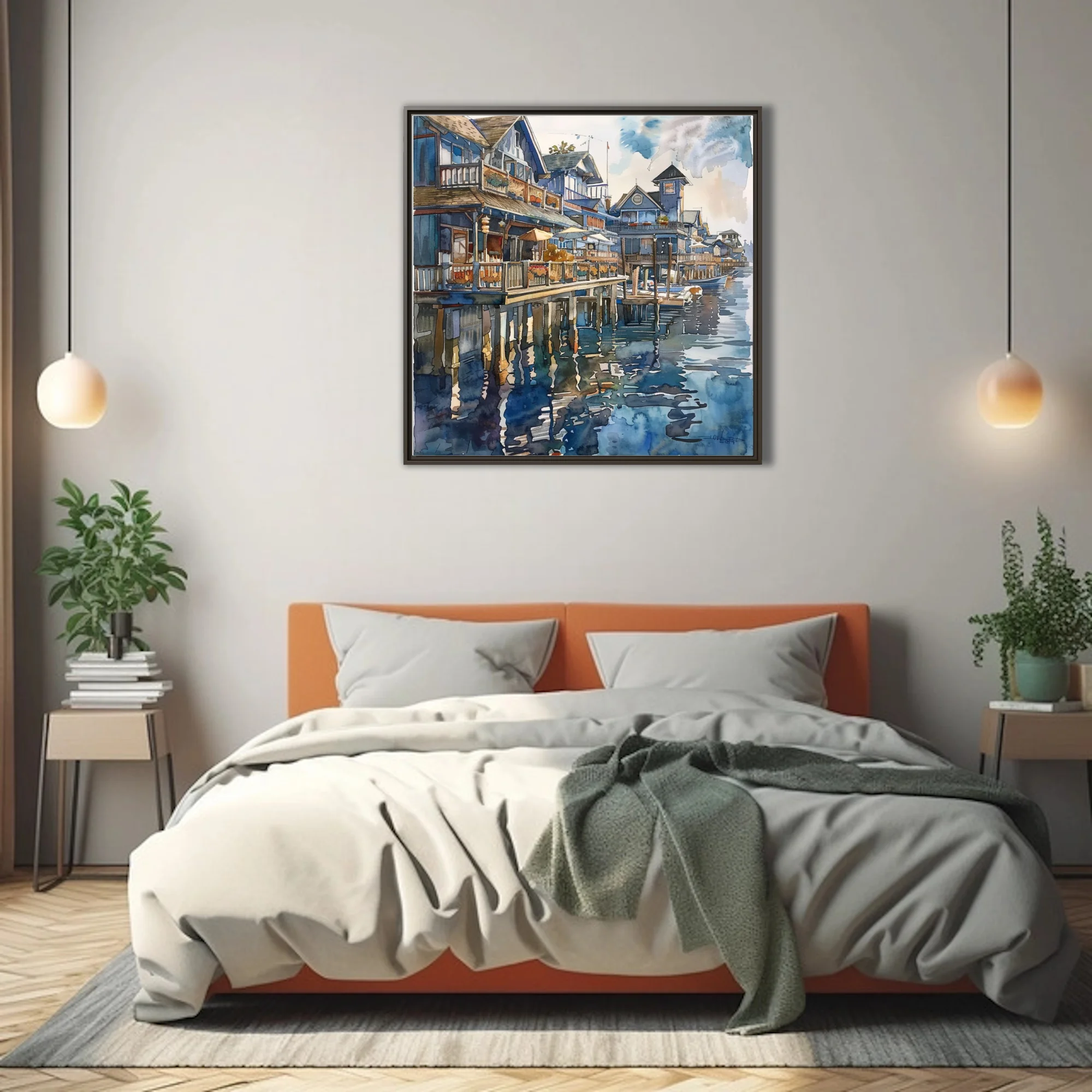 Watercolor-style seaside town with stilted waterfront buildings, boats, and blue harbor reflections