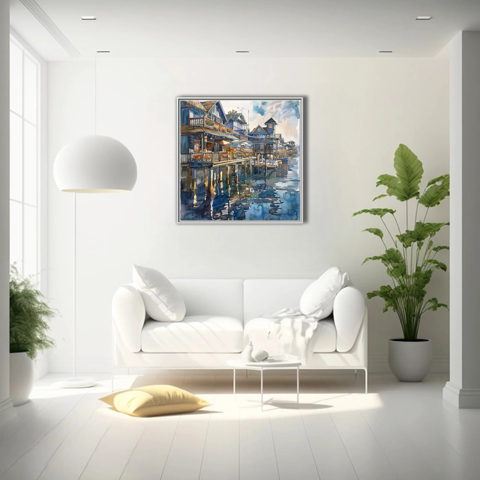 Watercolor-style seaside town with stilted waterfront buildings, boats, and blue harbor reflections