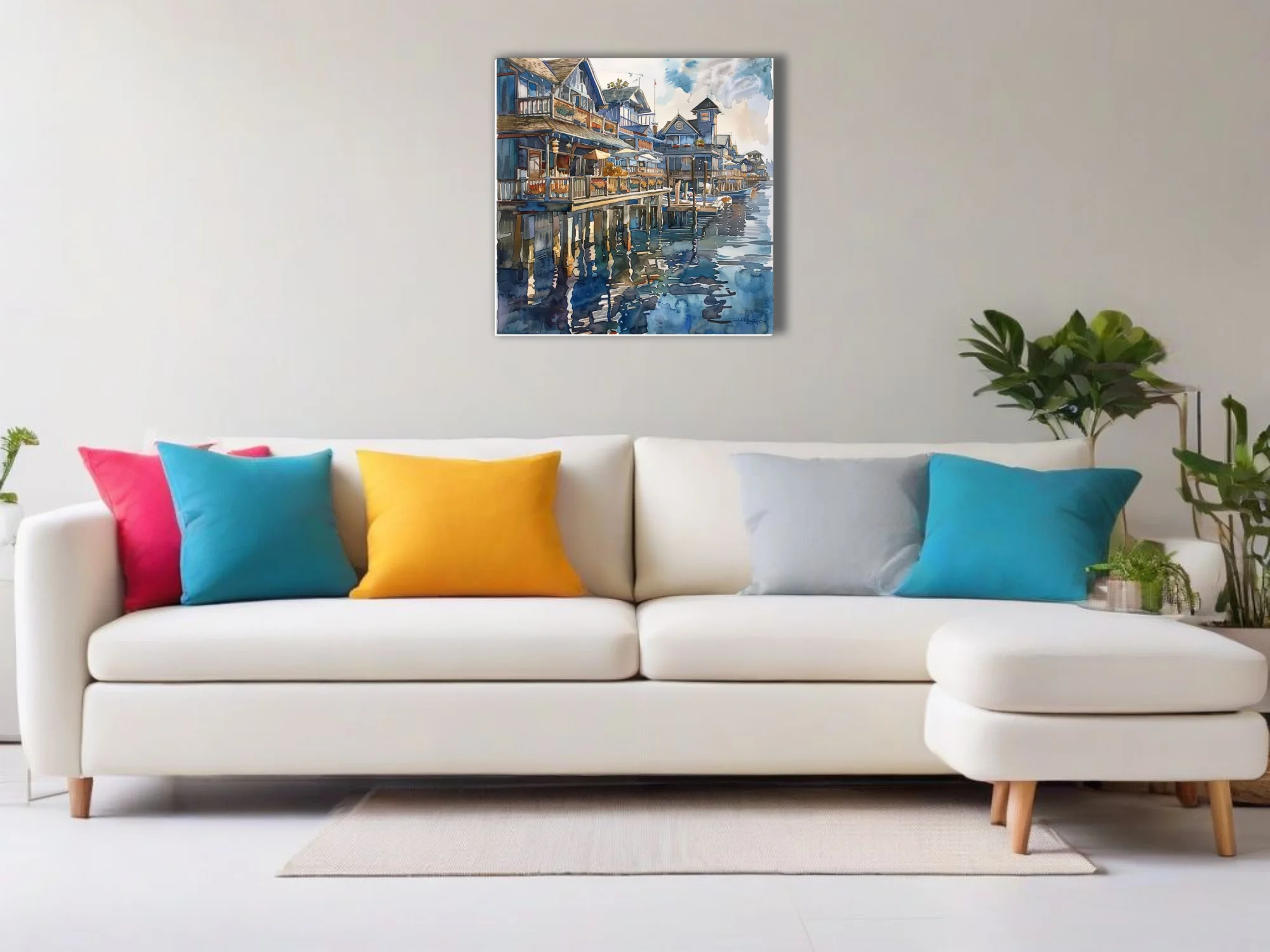 Watercolor-style seaside town with stilted waterfront buildings, boats, and blue harbor reflections