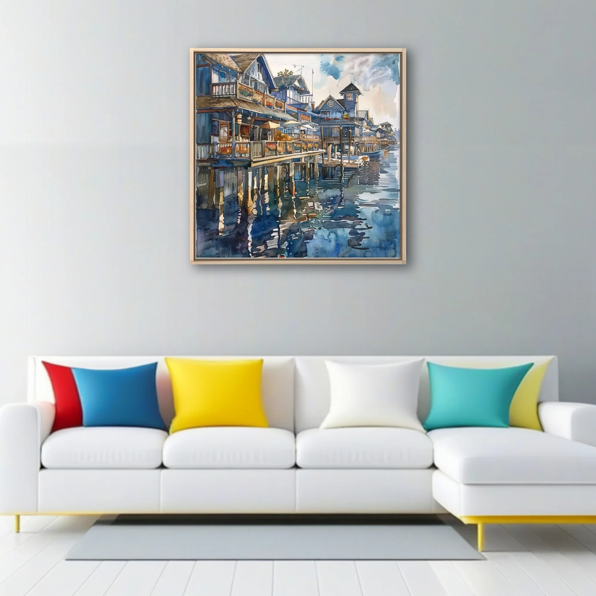 Watercolor-style seaside town with stilted waterfront buildings, boats, and blue harbor reflections