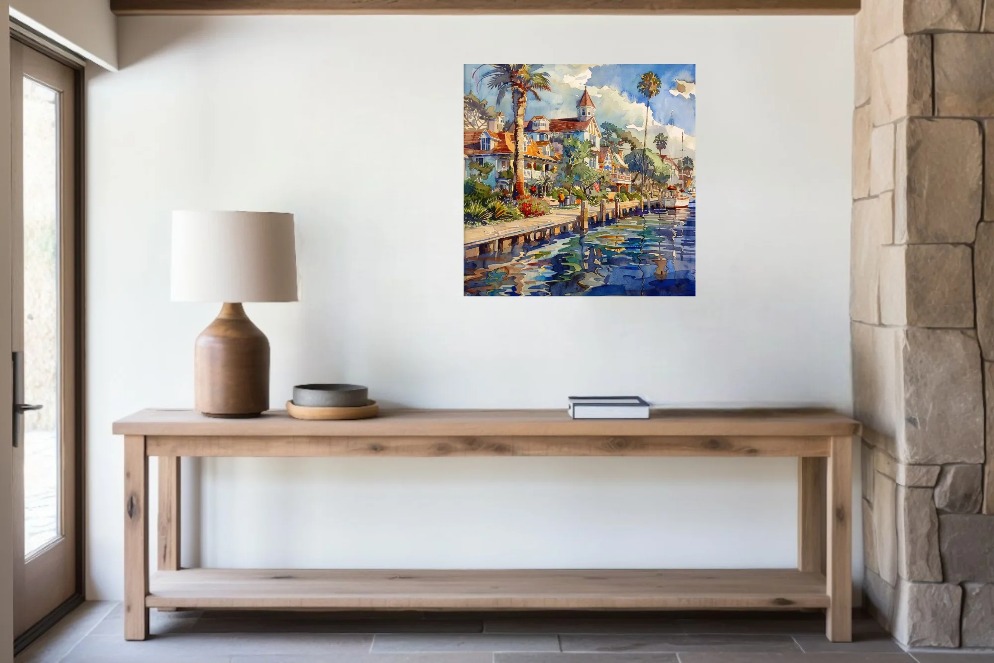 Watercolor-style coastal harbor townscape with palms, Victorian houses, boats and rippling reflections