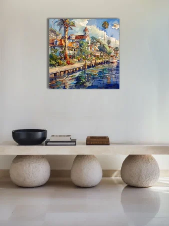 Watercolor-style coastal harbor townscape with palms, Victorian houses, boats and rippling reflections