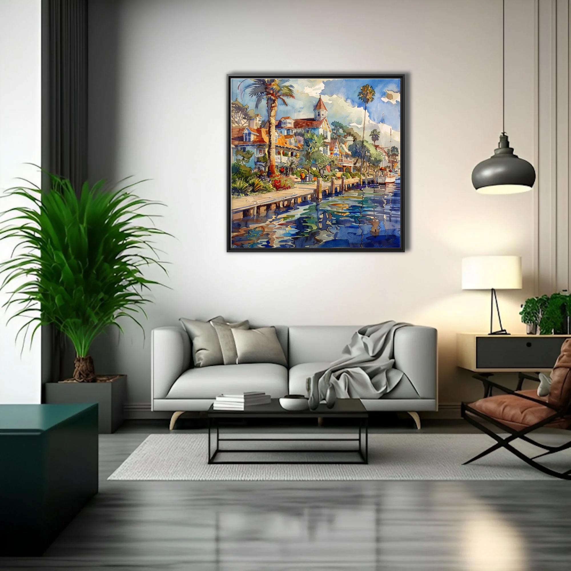 Watercolor-style coastal harbor townscape with palms, Victorian houses, boats and rippling reflections