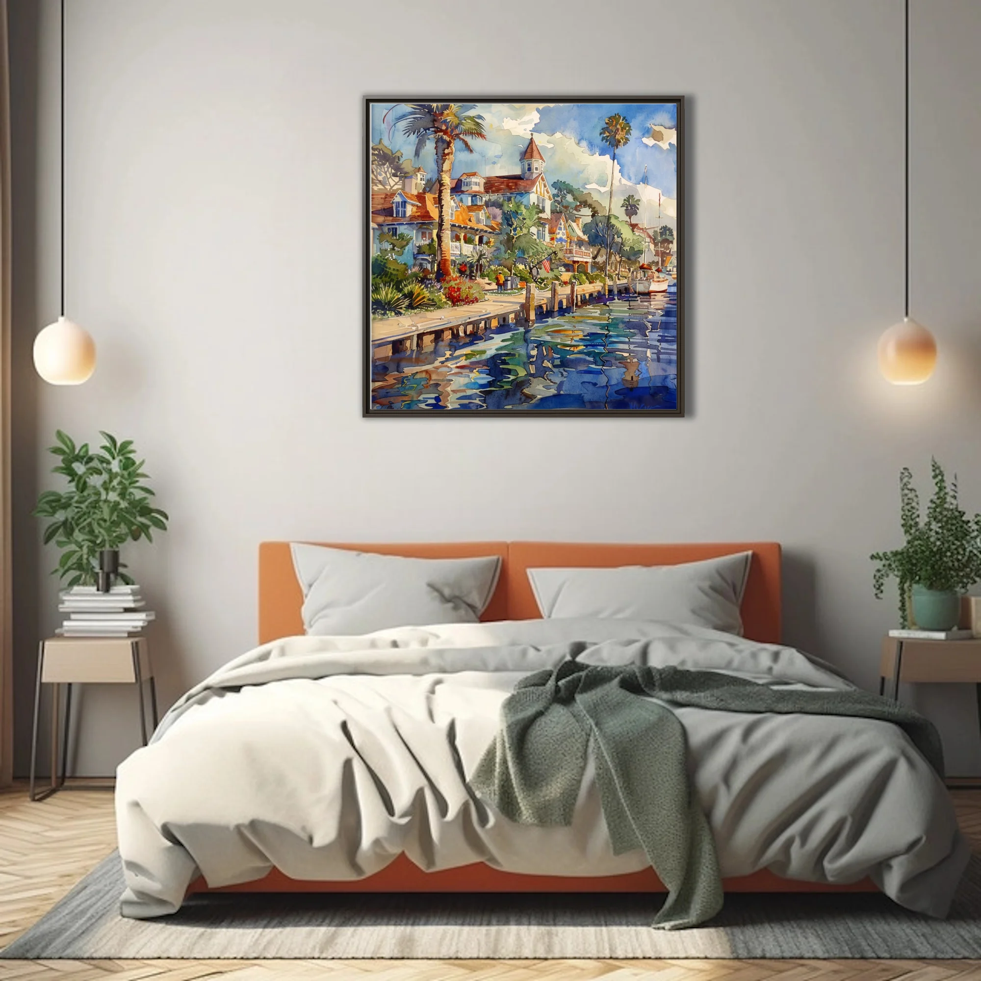 Watercolor-style coastal harbor townscape with palms, Victorian houses, boats and rippling reflections