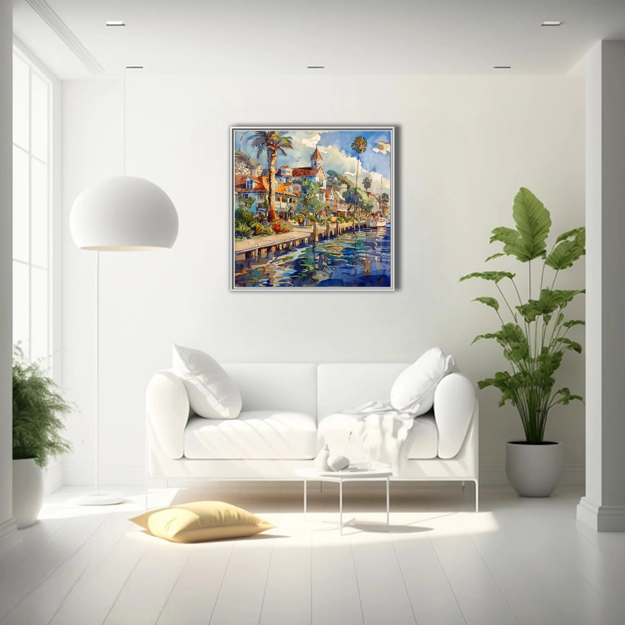 Watercolor-style coastal harbor townscape with palms, Victorian houses, boats and rippling reflections