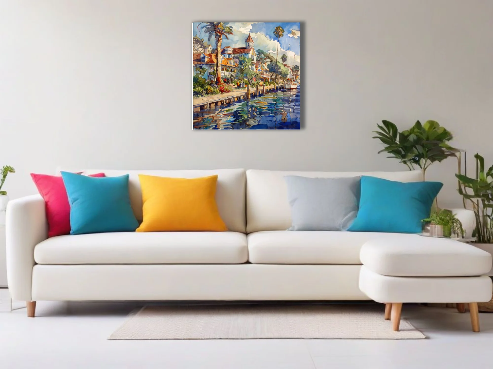 Watercolor-style coastal harbor townscape with palms, Victorian houses, boats and rippling reflections