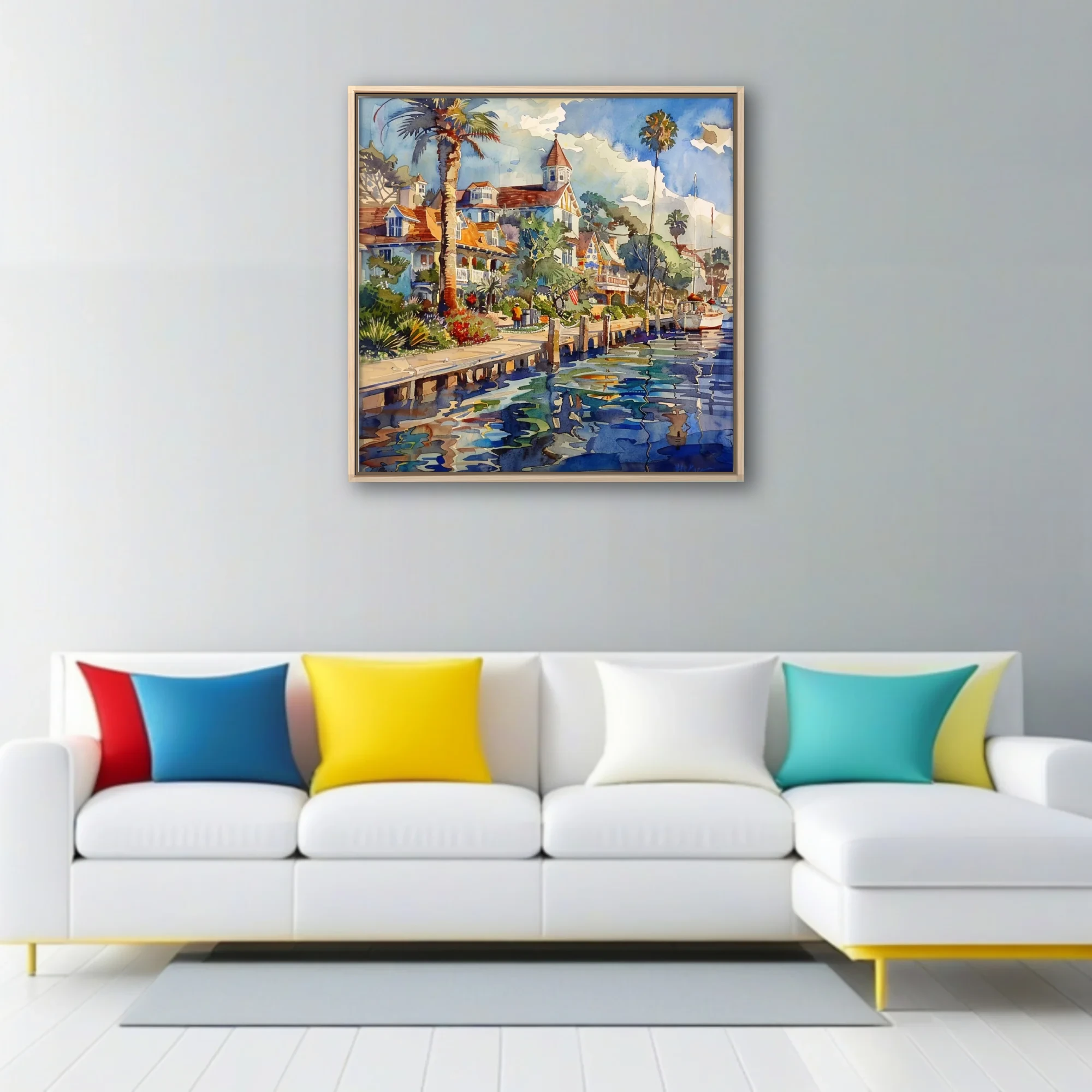 Watercolor-style coastal harbor townscape with palms, Victorian houses, boats and rippling reflections