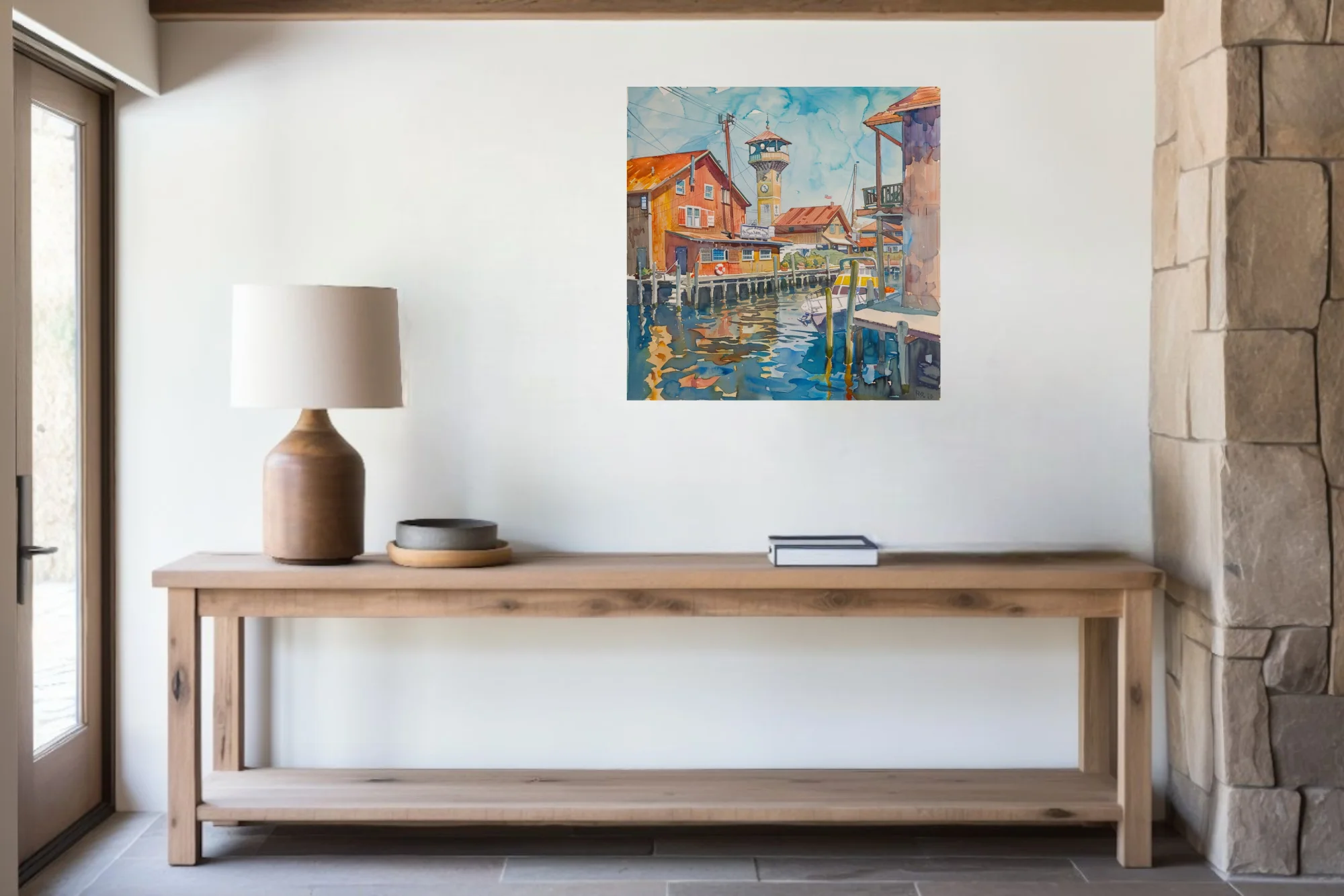 Watercolor-style seaside marina with clock tower, dockside buildings, teal water reflections