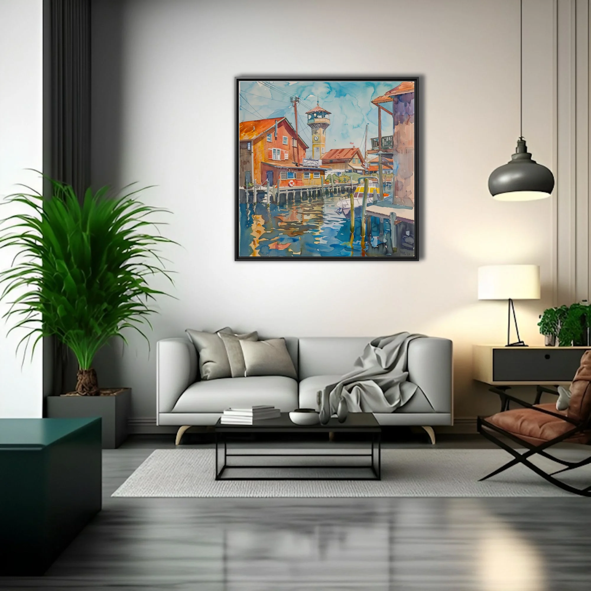 Watercolor-style seaside marina with clock tower, dockside buildings, teal water reflections