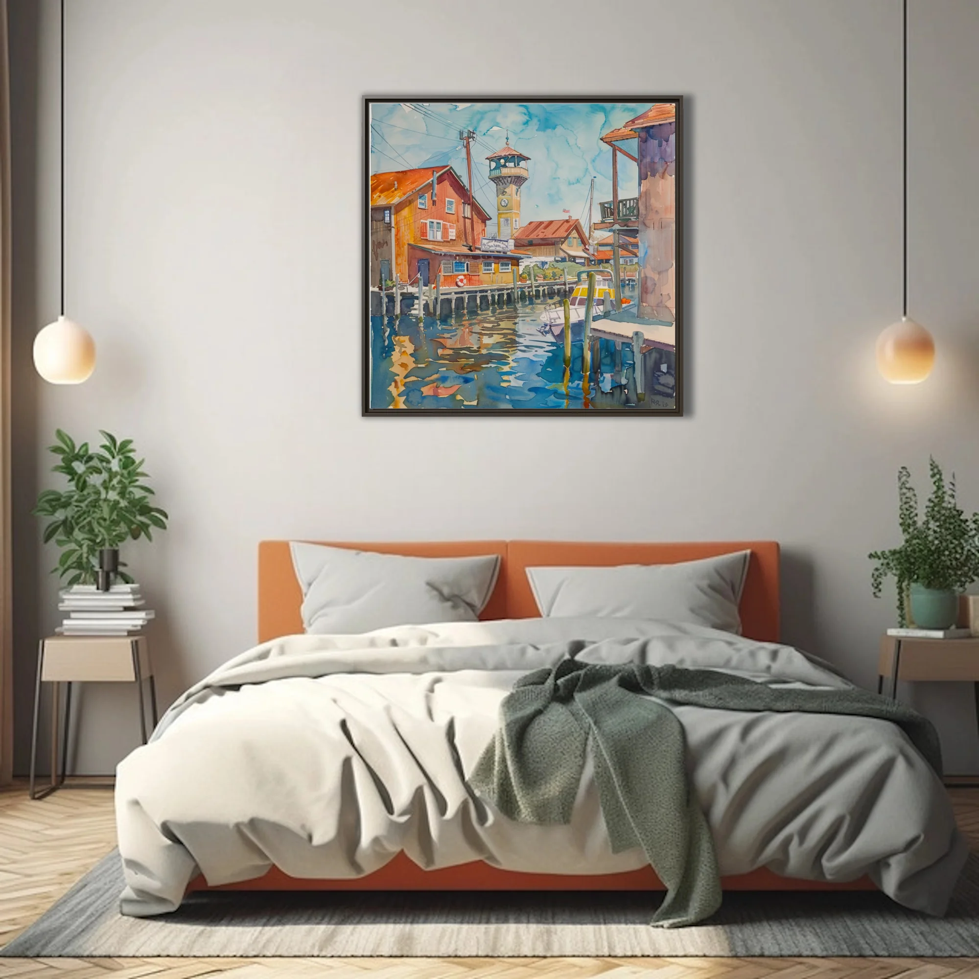 Watercolor-style seaside marina with clock tower, dockside buildings, teal water reflections