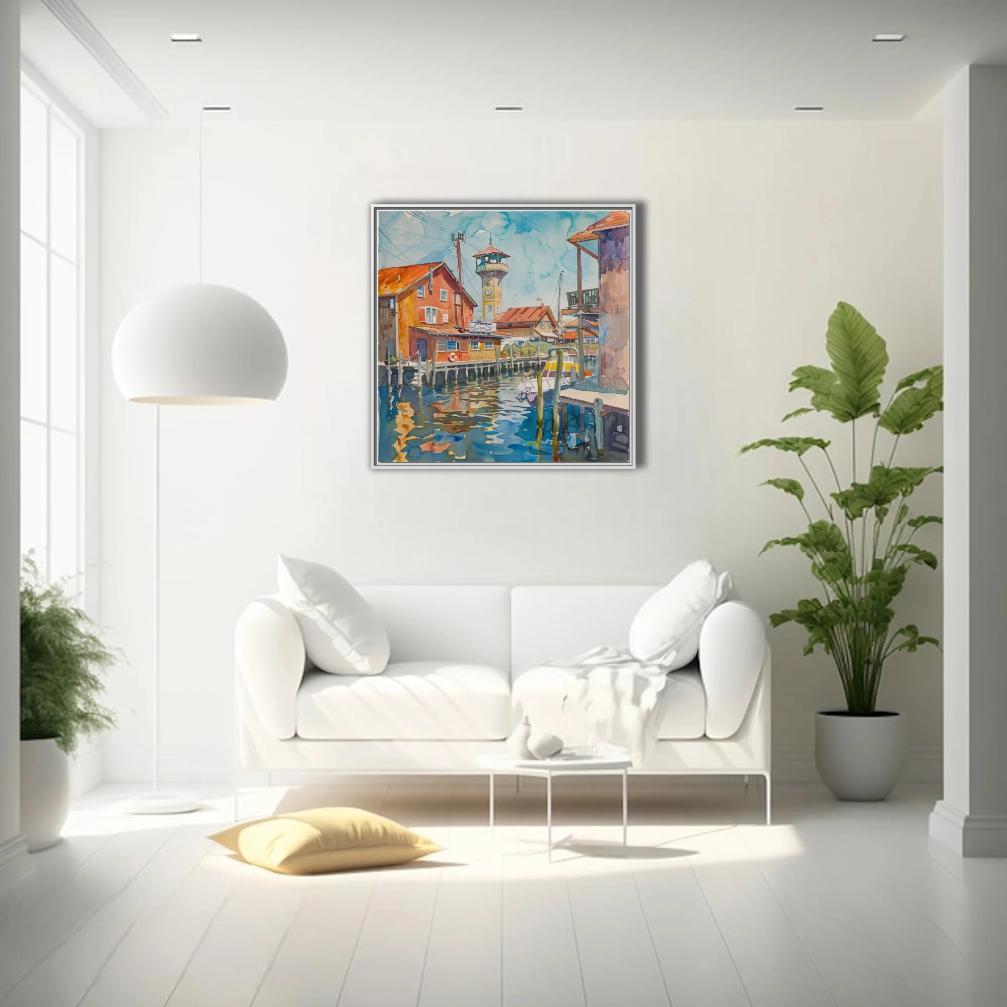 Watercolor-style seaside marina with clock tower, dockside buildings, teal water reflections