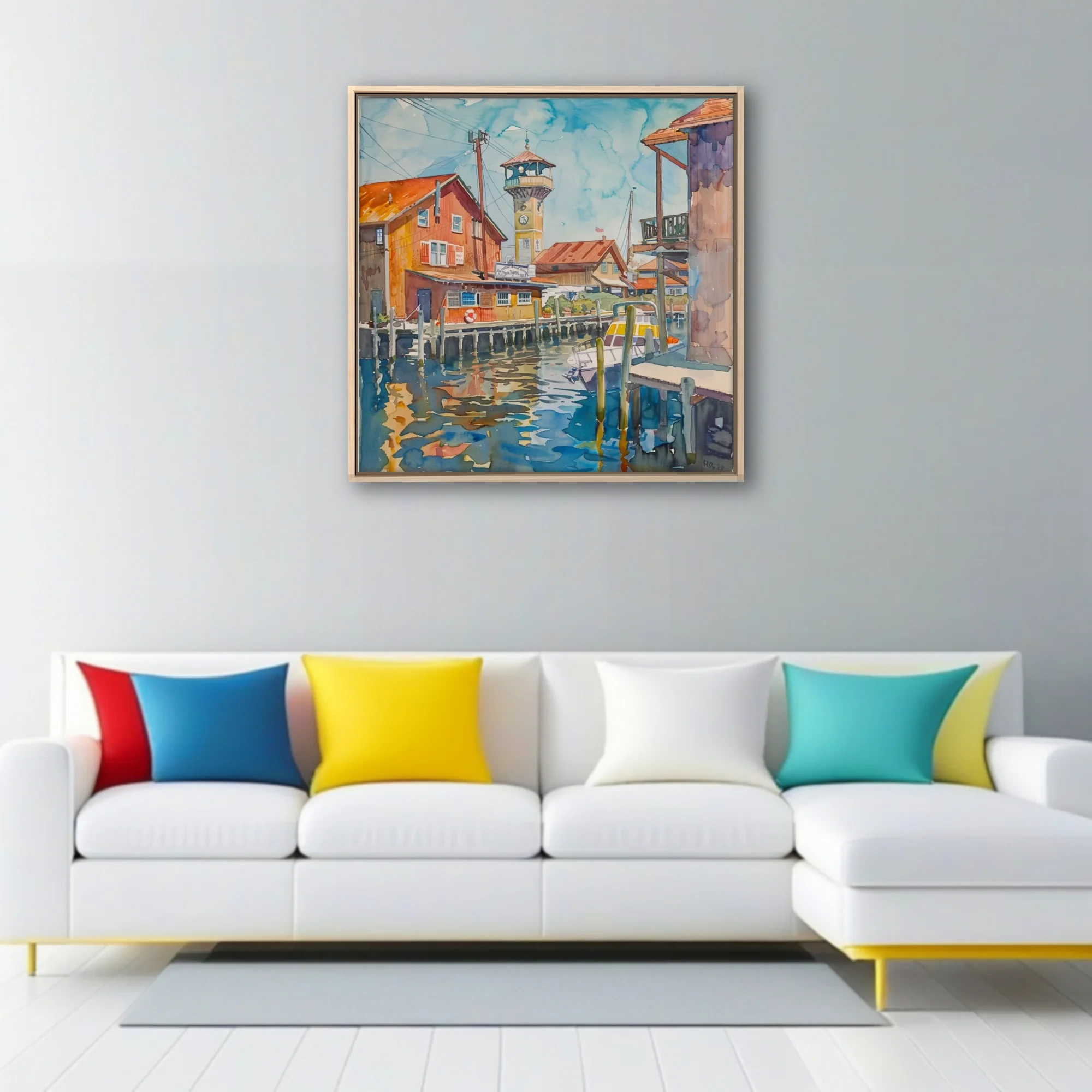Watercolor-style seaside marina with clock tower, dockside buildings, teal water reflections