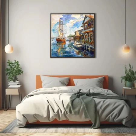 Watercolor-style seaside harbor scene with sailing boats, wooden waterfront buildings, blue and amber tones