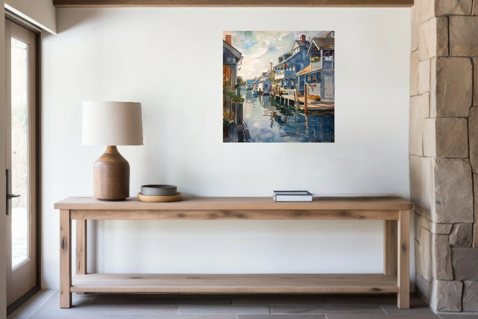 Watercolor-style coastal village artwork with blue cottages, moored boats, and harbor reflections
