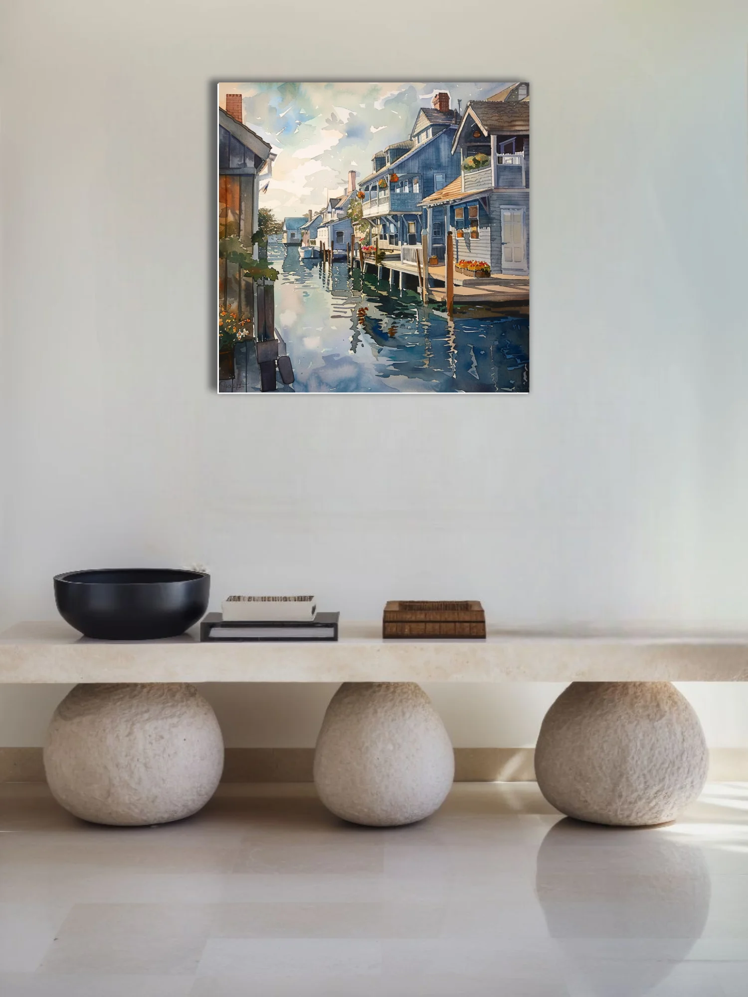 Watercolor-style coastal village artwork with blue cottages, moored boats, and harbor reflections