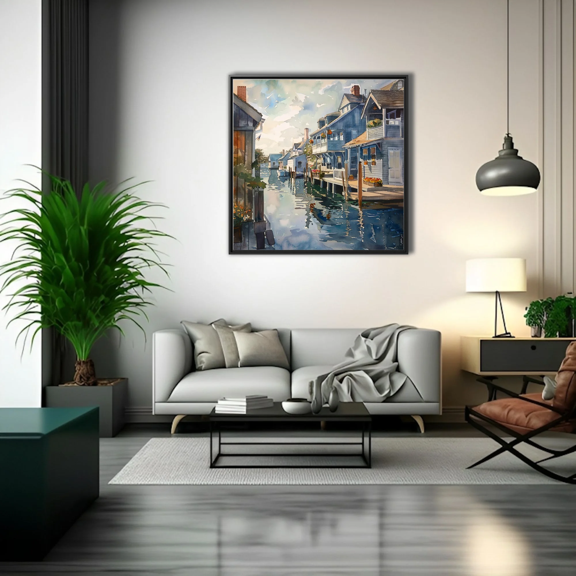 Watercolor-style coastal village artwork with blue cottages, moored boats, and harbor reflections