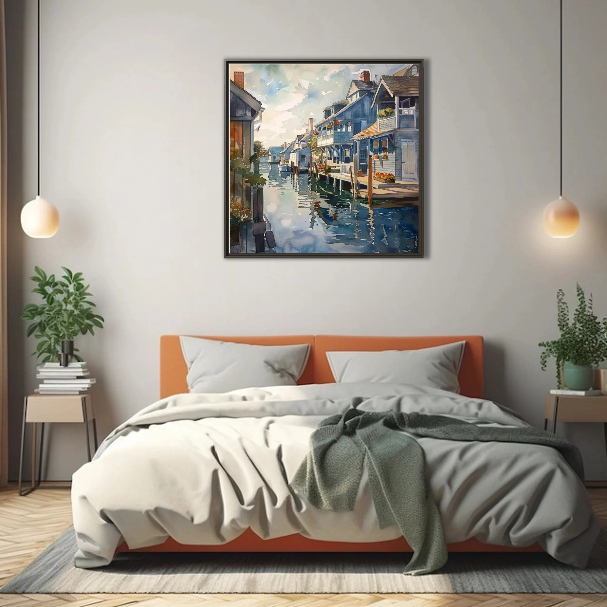 Watercolor-style coastal village artwork with blue cottages, moored boats, and harbor reflections