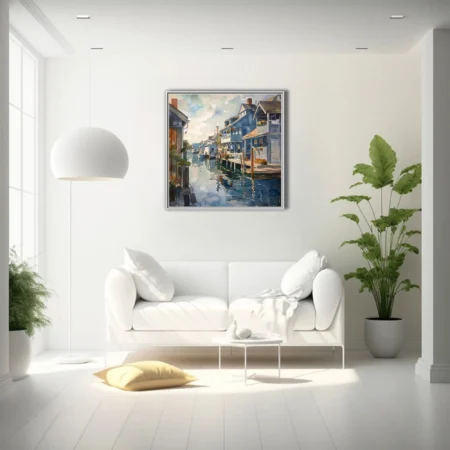 Watercolor-style coastal village artwork with blue cottages, moored boats, and harbor reflections