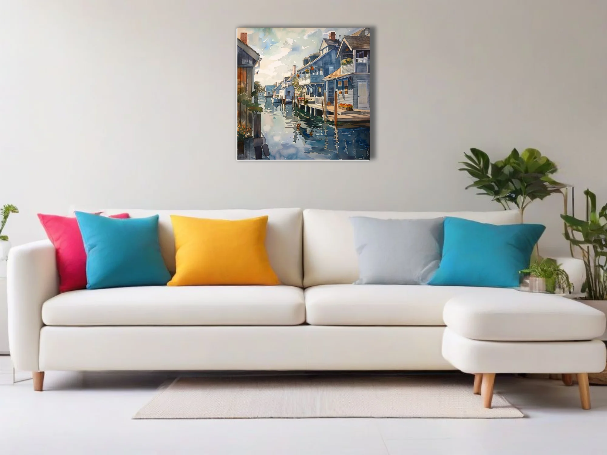Watercolor-style coastal village artwork with blue cottages, moored boats, and harbor reflections