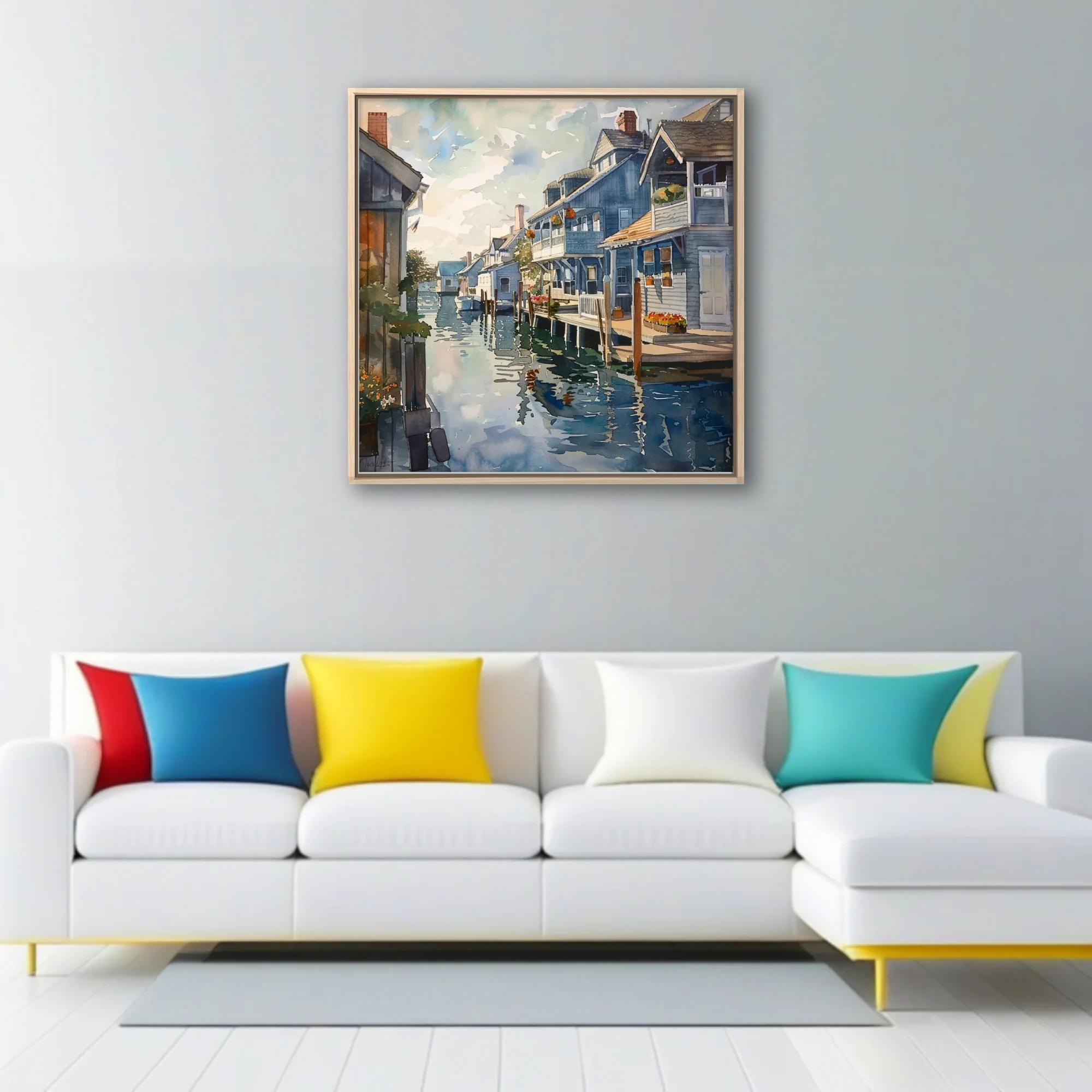 Watercolor-style coastal village artwork with blue cottages, moored boats, and harbor reflections