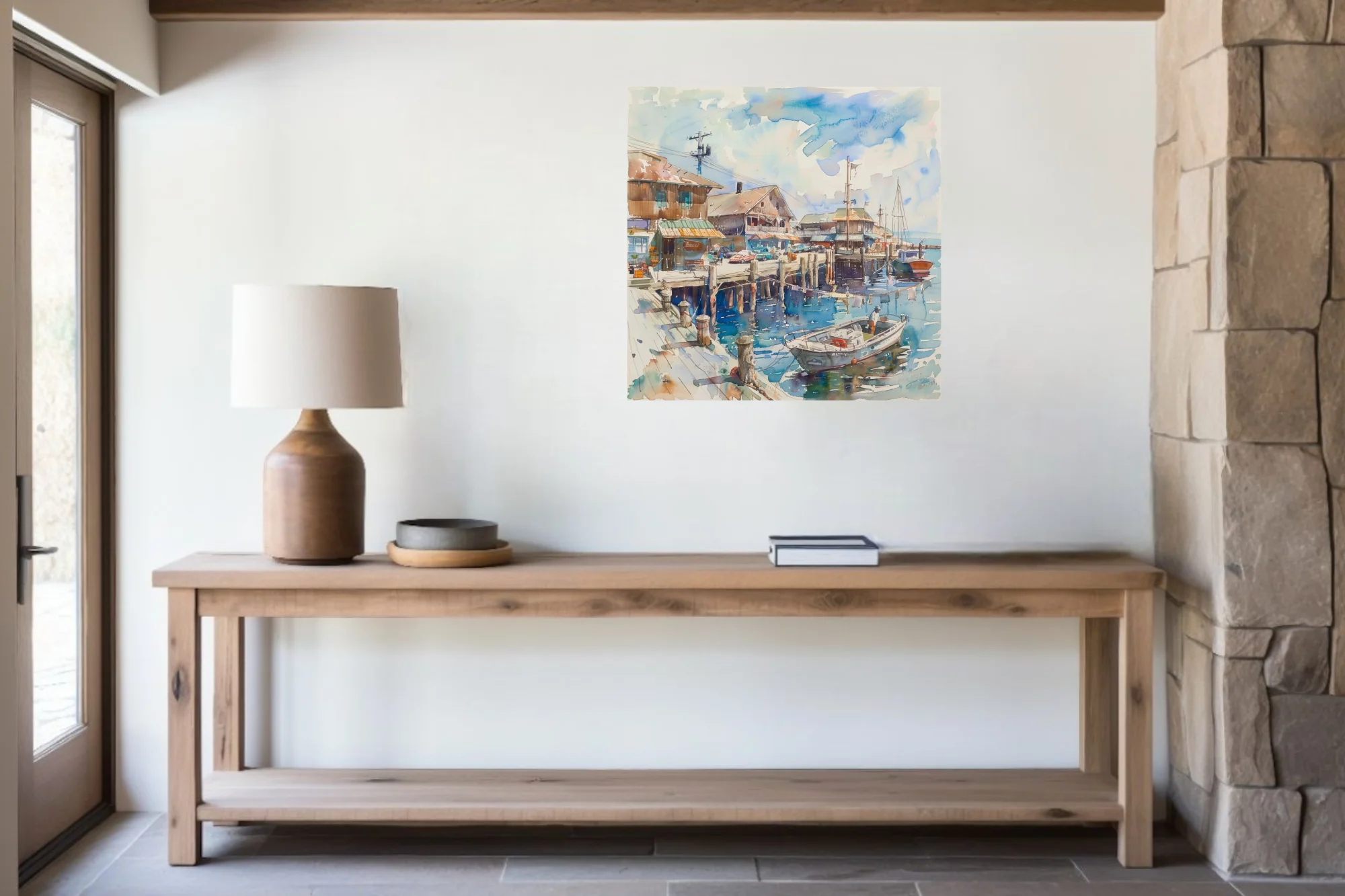 Watercolor-style seaside harbor scene with docked boats, wooden buildings, and blue reflective water