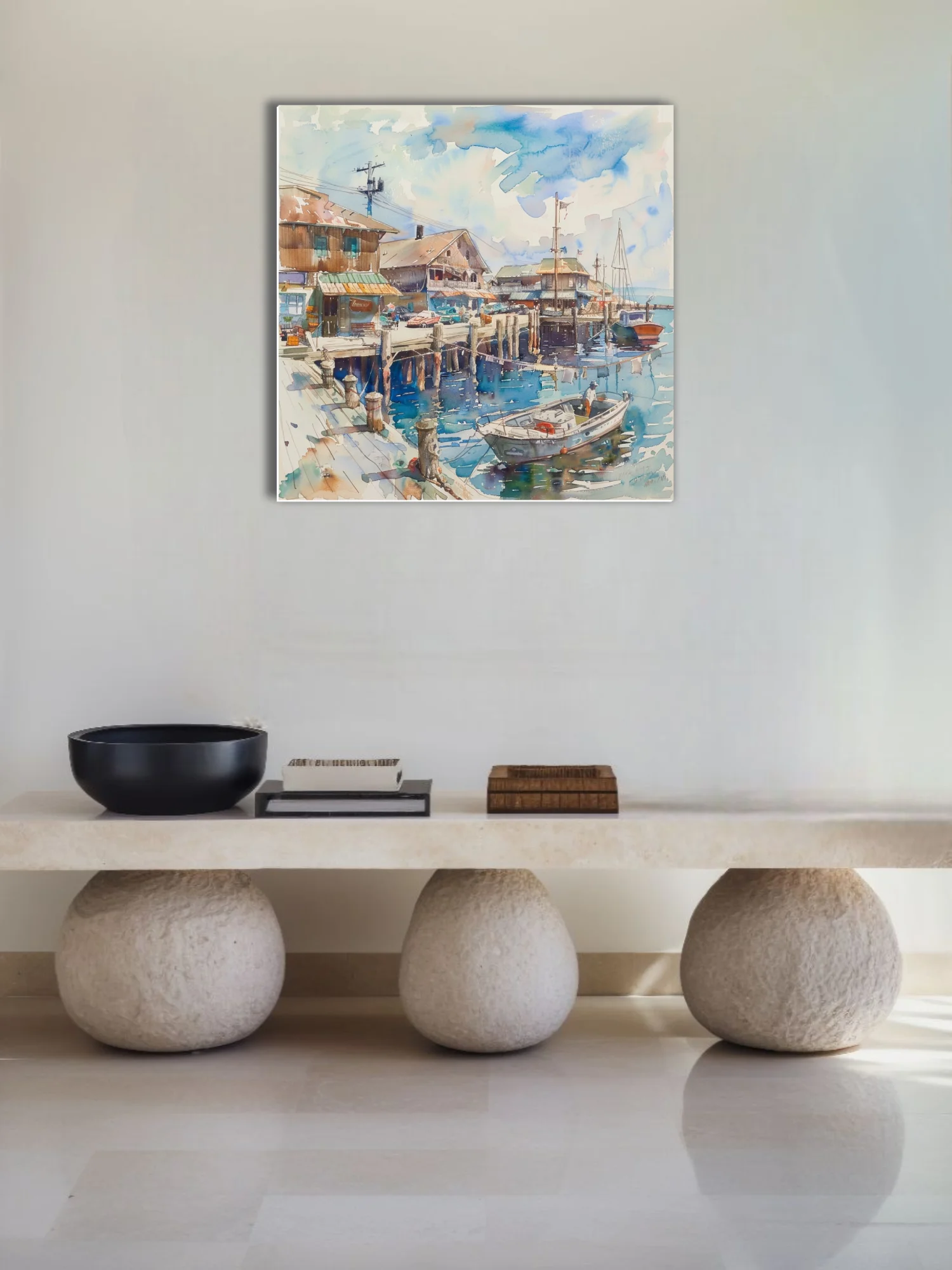 Watercolor-style seaside harbor scene with docked boats, wooden buildings, and blue reflective water