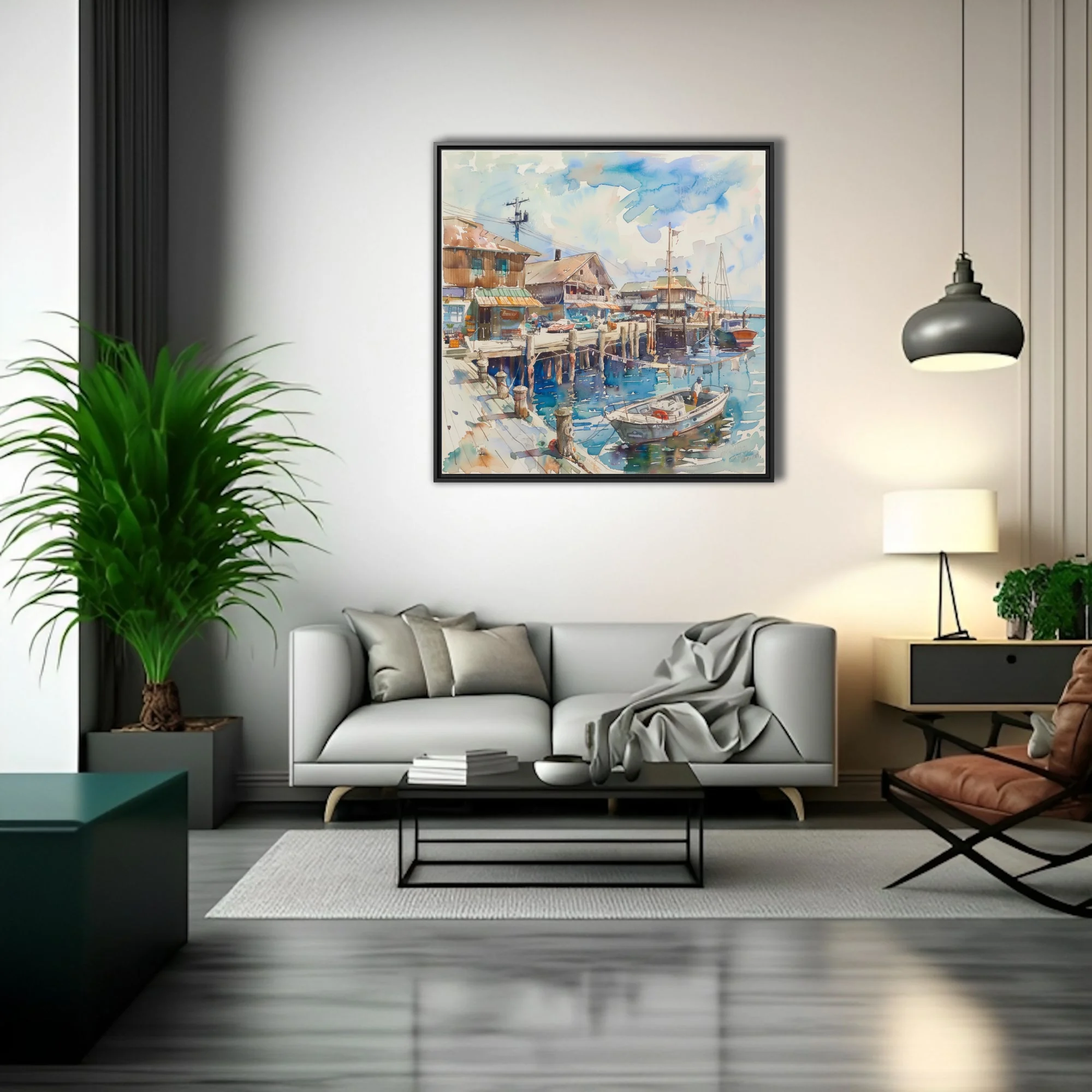 Watercolor-style seaside harbor scene with docked boats, wooden buildings, and blue reflective water