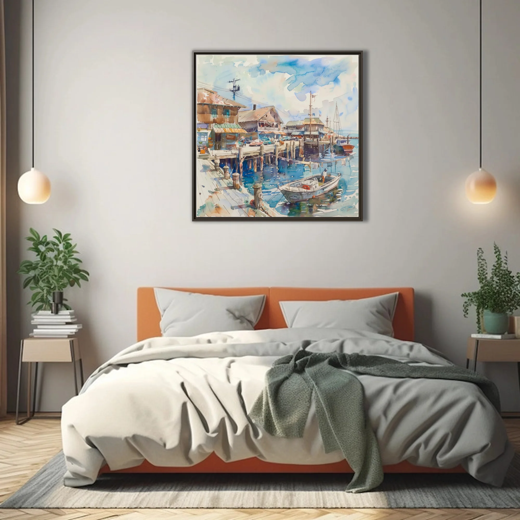 Watercolor-style seaside harbor scene with docked boats, wooden buildings, and blue reflective water