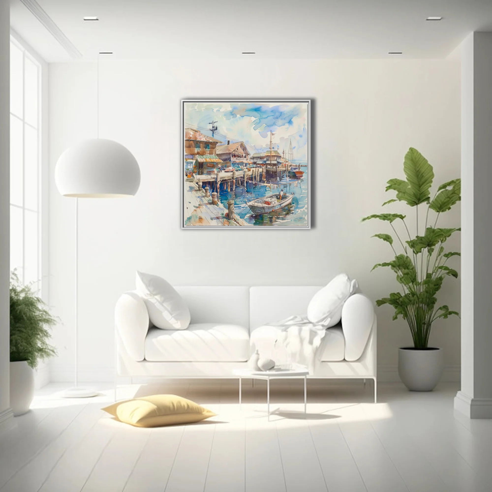 Watercolor-style seaside harbor scene with docked boats, wooden buildings, and blue reflective water