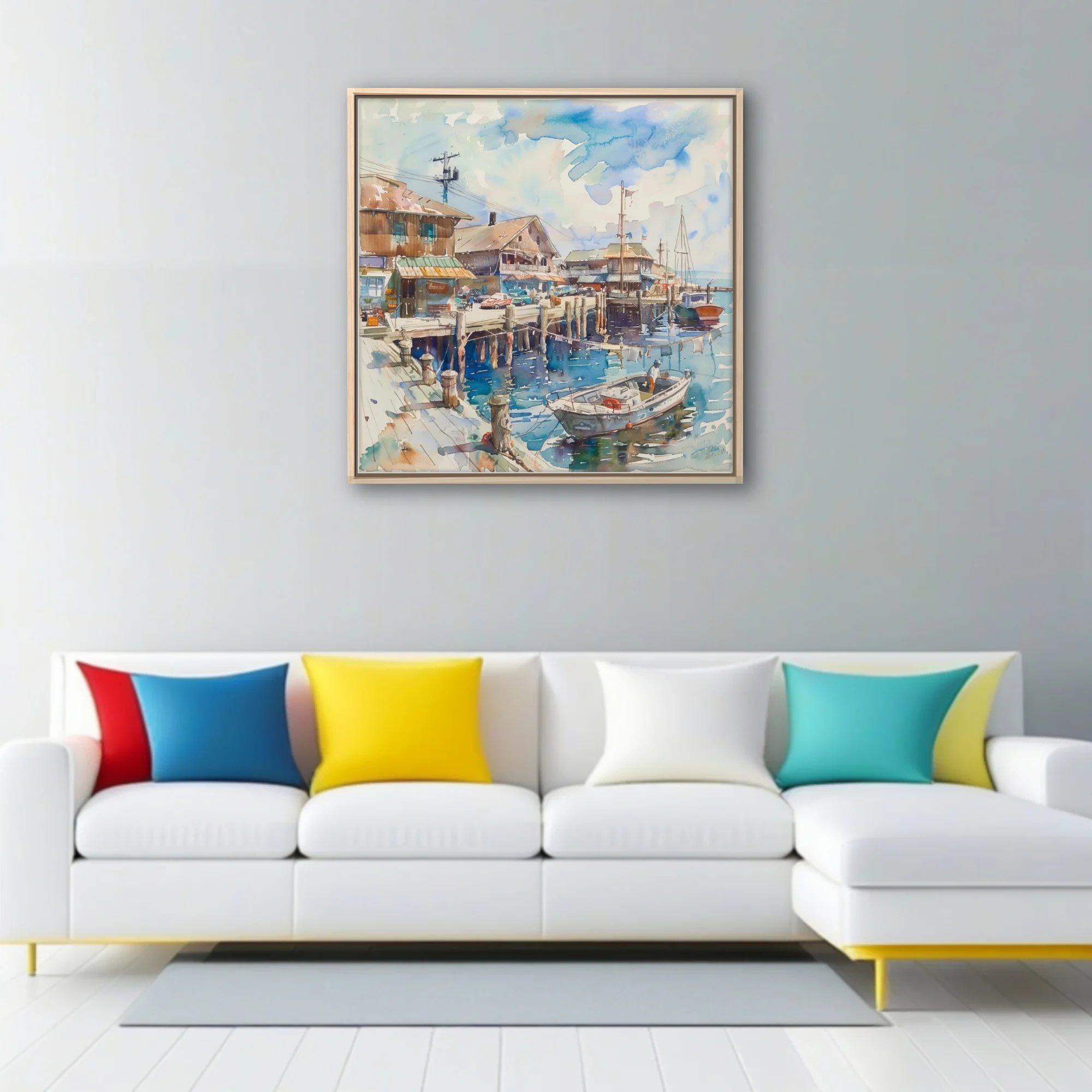 Watercolor-style seaside harbor scene with docked boats, wooden buildings, and blue reflective water