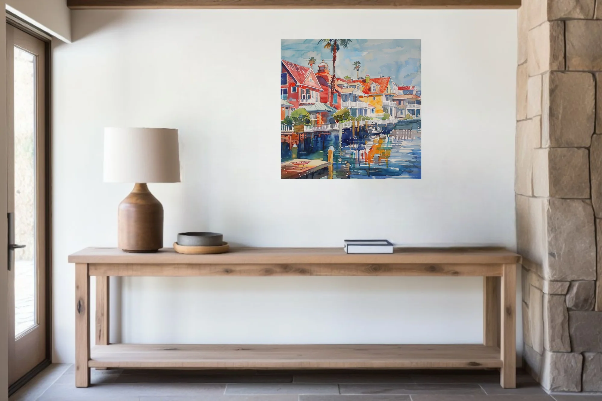 Watercolor-style seaside town with red rooftops, palms, and harbor reflections in vivid blues