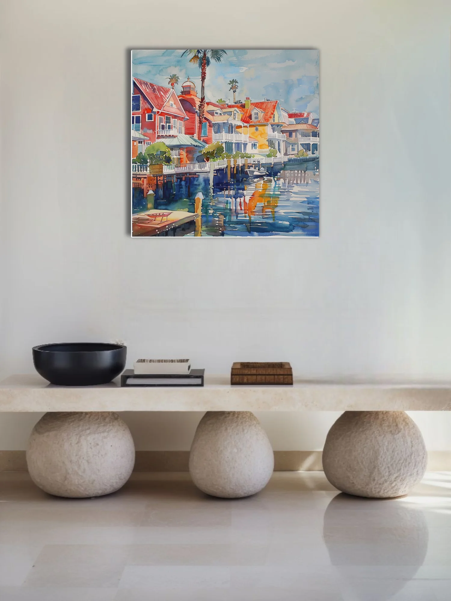 Watercolor-style seaside town with red rooftops, palms, and harbor reflections in vivid blues