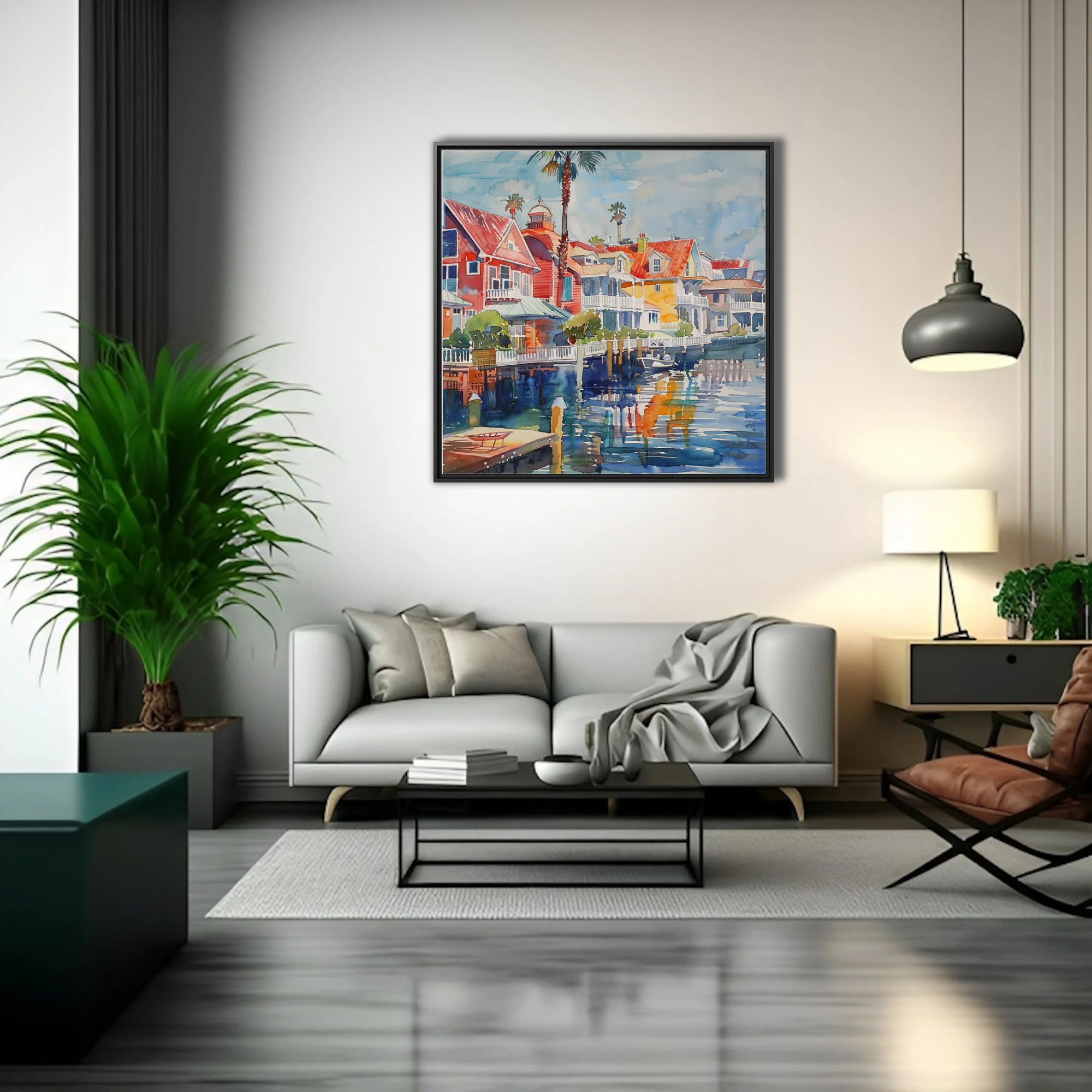 Watercolor-style seaside town with red rooftops, palms, and harbor reflections in vivid blues