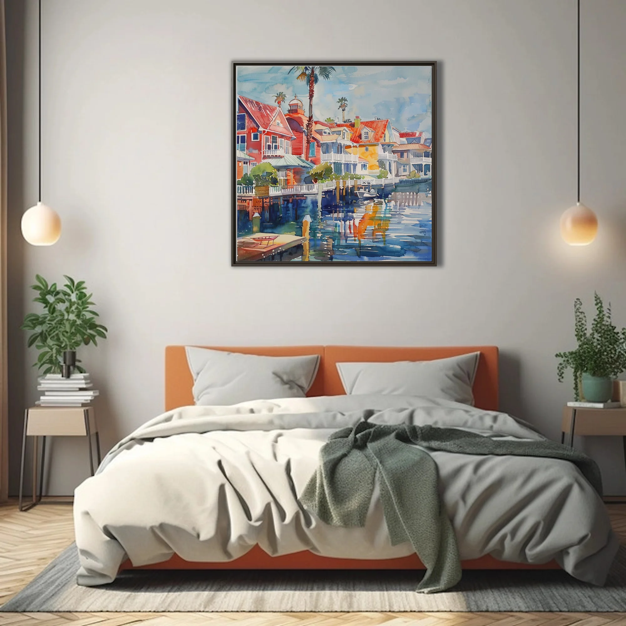 Watercolor-style seaside town with red rooftops, palms, and harbor reflections in vivid blues