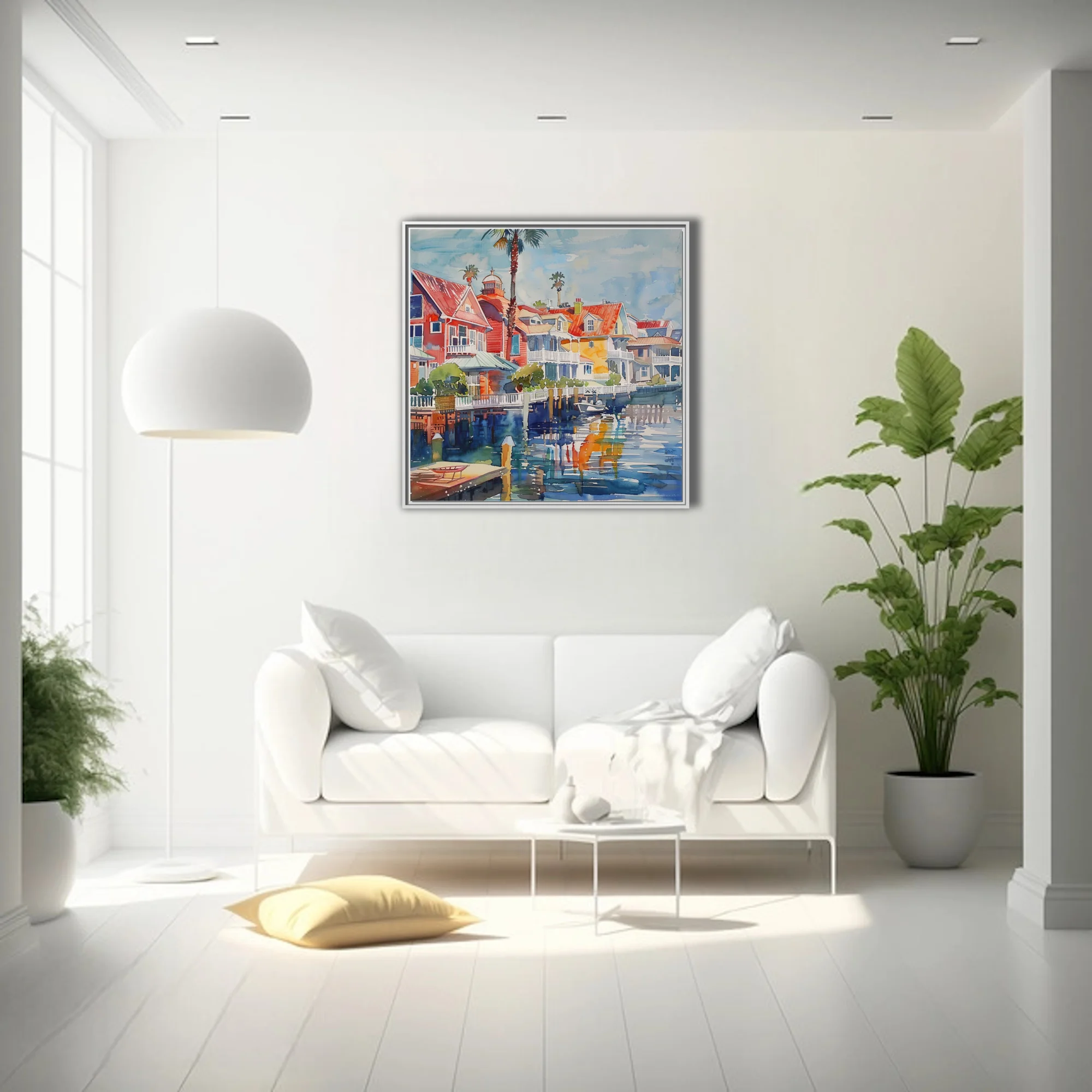Watercolor-style seaside town with red rooftops, palms, and harbor reflections in vivid blues