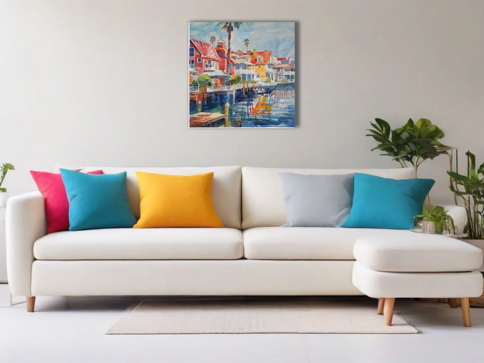 Watercolor-style seaside town with red rooftops, palms, and harbor reflections in vivid blues