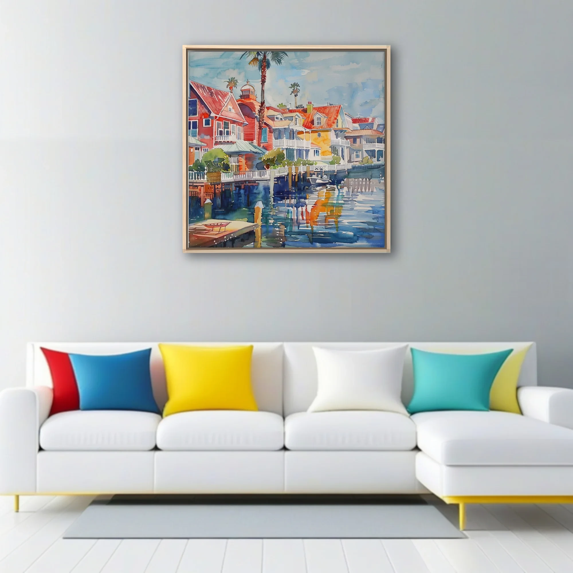 Watercolor-style seaside town with red rooftops, palms, and harbor reflections in vivid blues