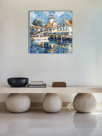 Watercolor-style seaside marina with lighthouse, waterfront buildings, and boat reflections
