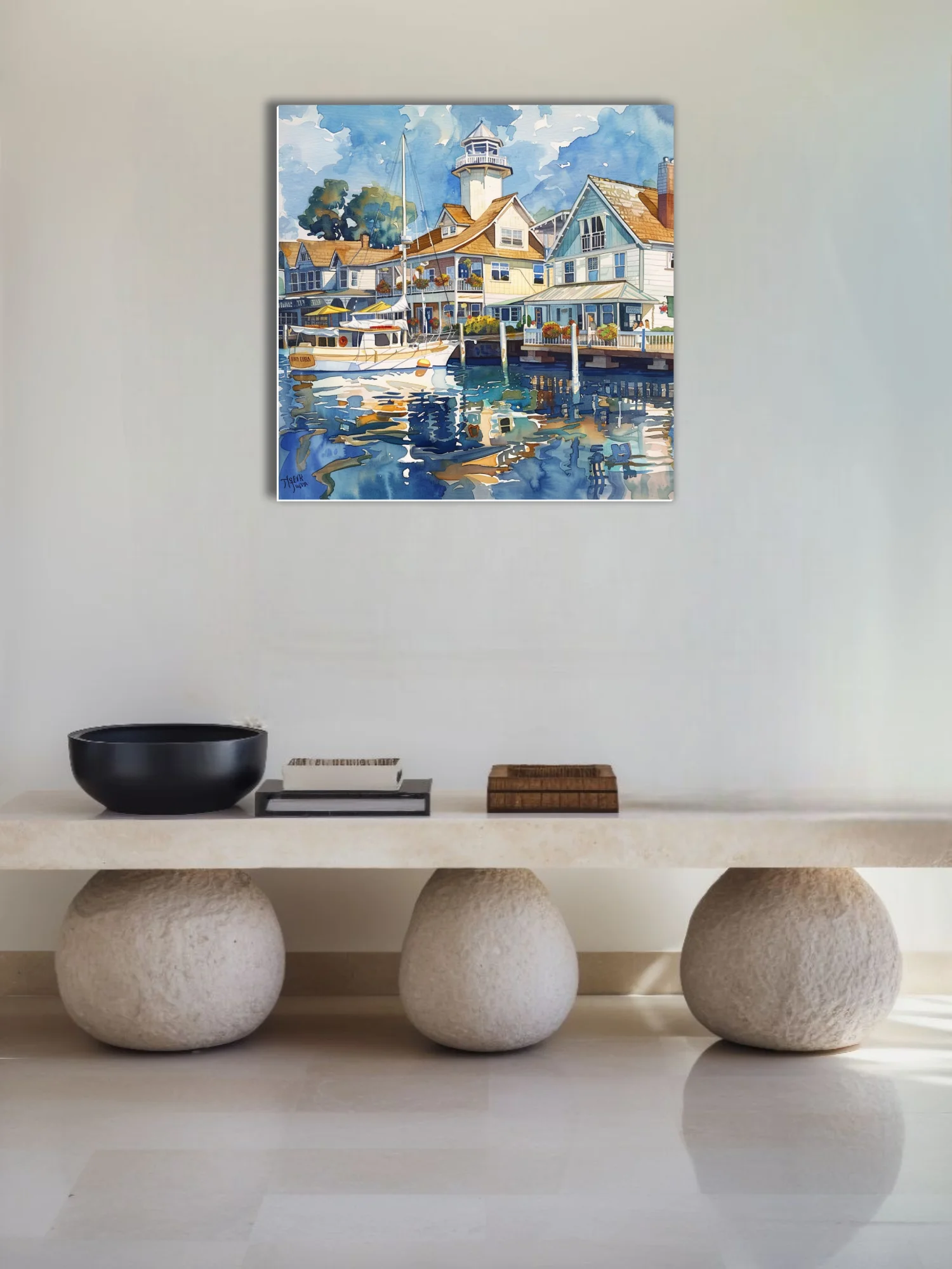 Watercolor-style seaside marina with lighthouse, waterfront buildings, and boat reflections