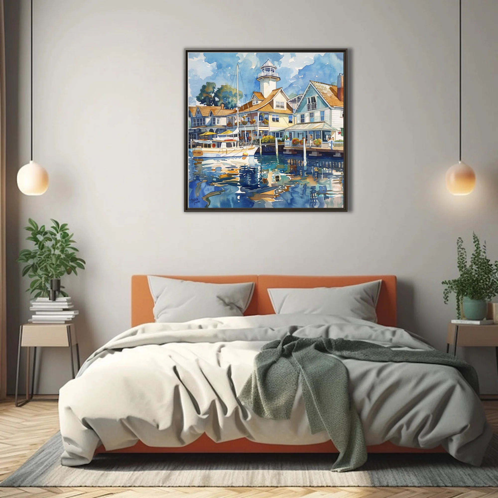 Watercolor-style seaside marina with lighthouse, waterfront buildings, and boat reflections