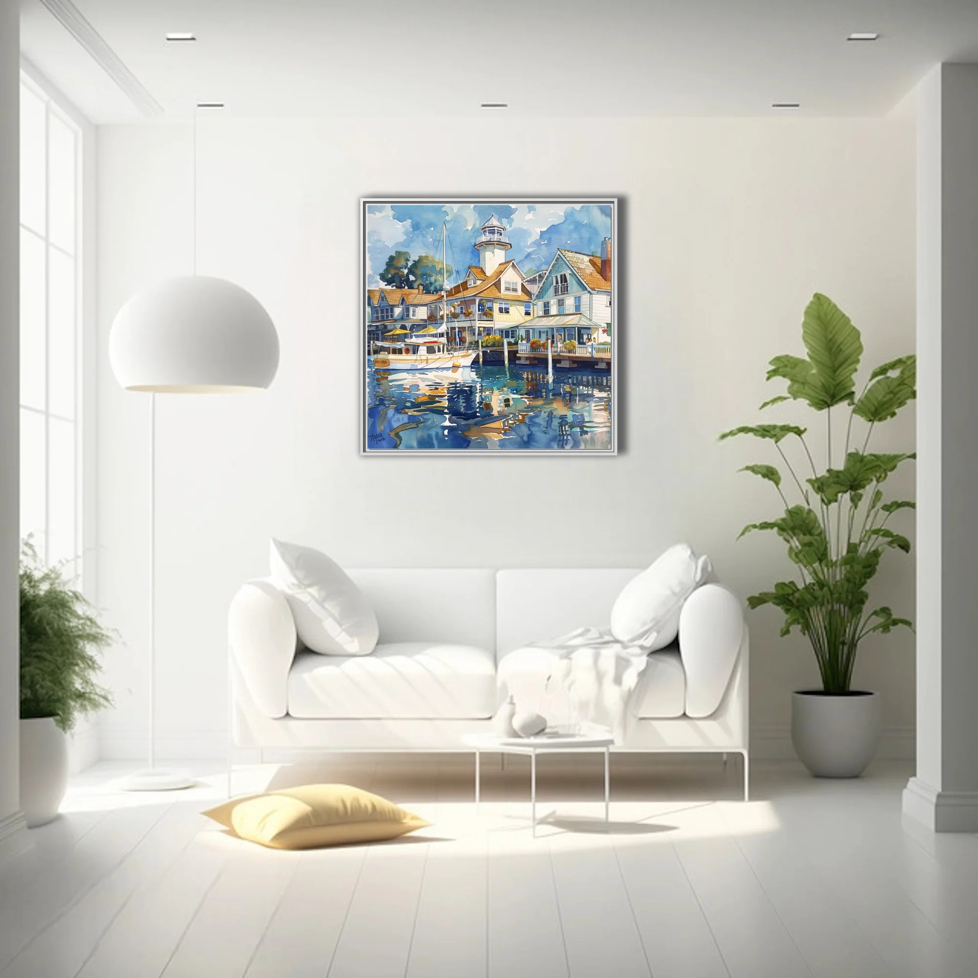 Watercolor-style seaside marina with lighthouse, waterfront buildings, and boat reflections