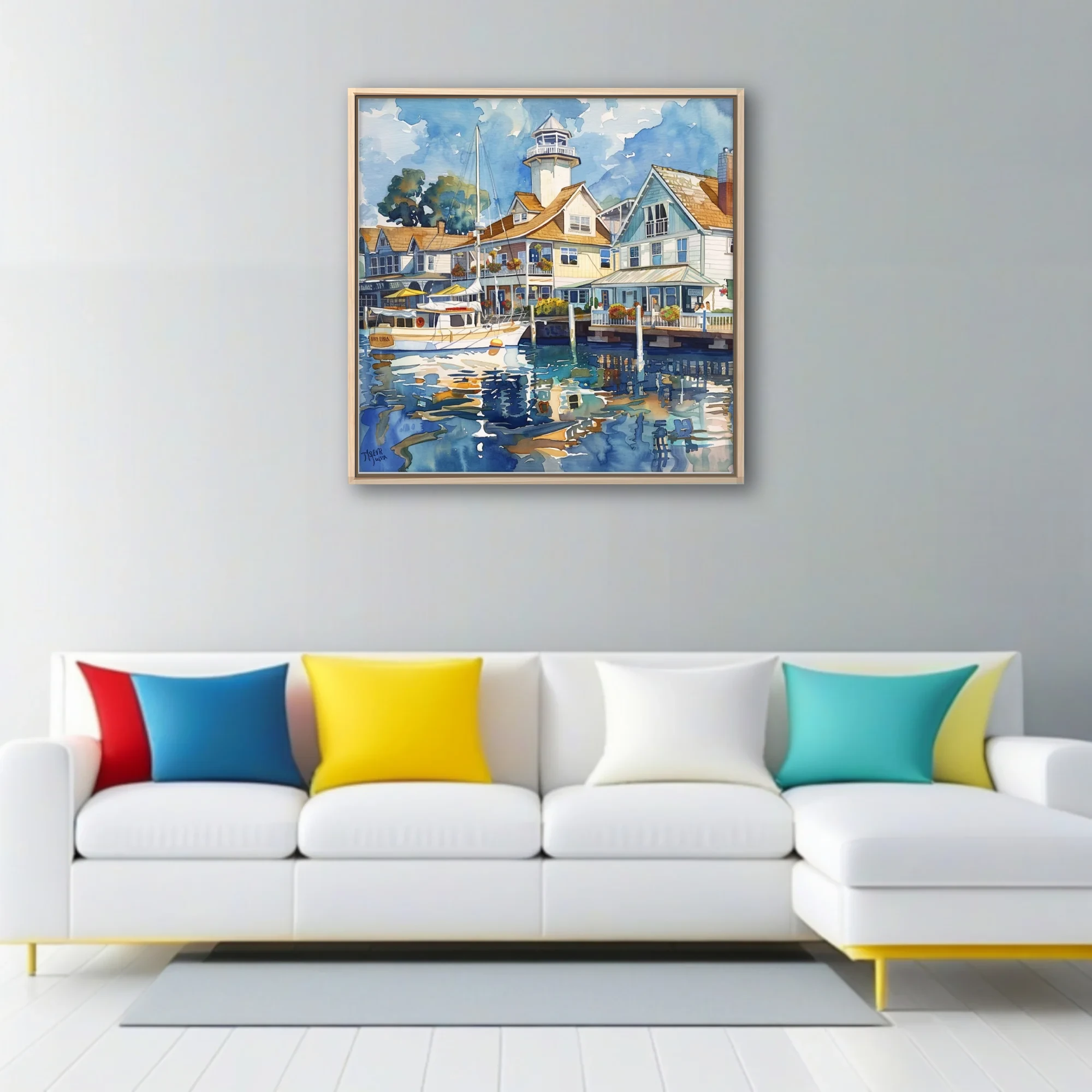 Watercolor-style seaside marina with lighthouse, waterfront buildings, and boat reflections