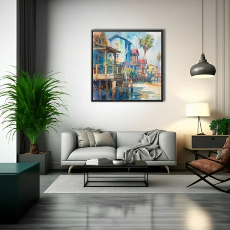 Watercolor-style seaside village with stilted houses, palms, and turquoise reflections in coral and ochre tones