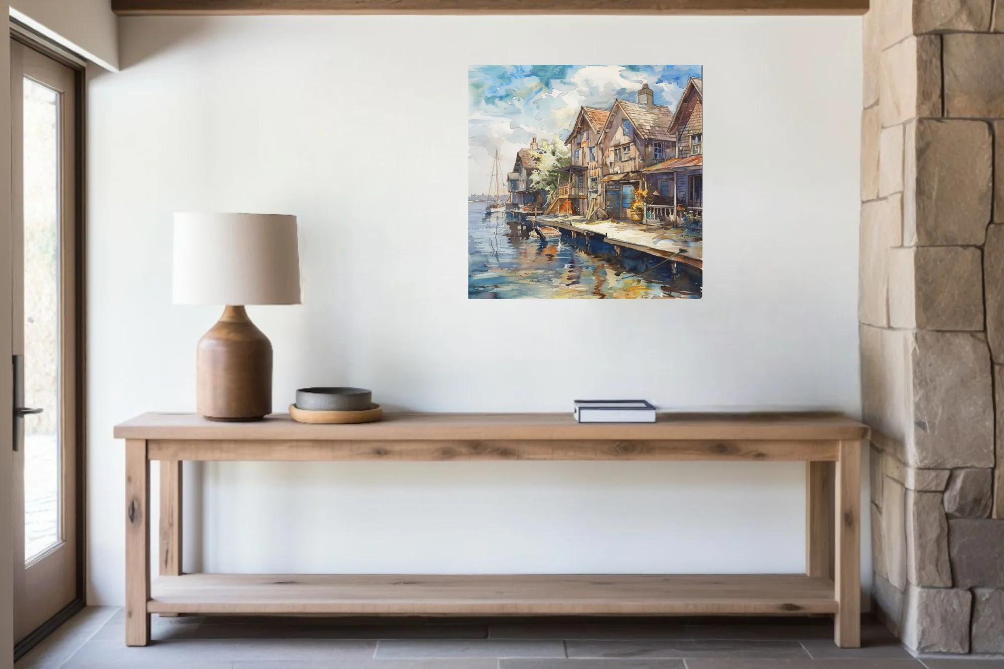 Watercolor-style seaside village with weathered dockside buildings and reflective blue water