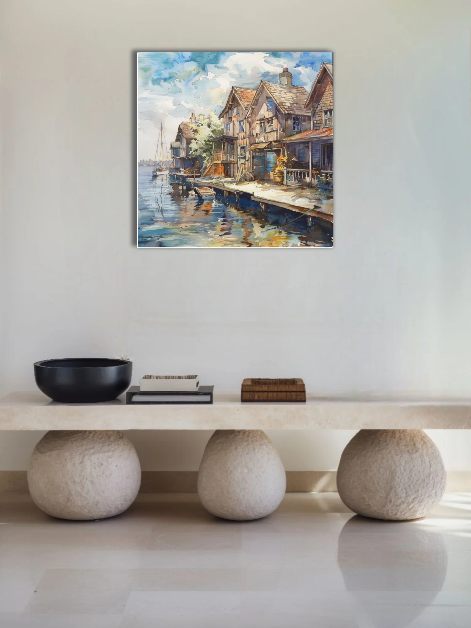 Watercolor-style seaside village with weathered dockside buildings and reflective blue water