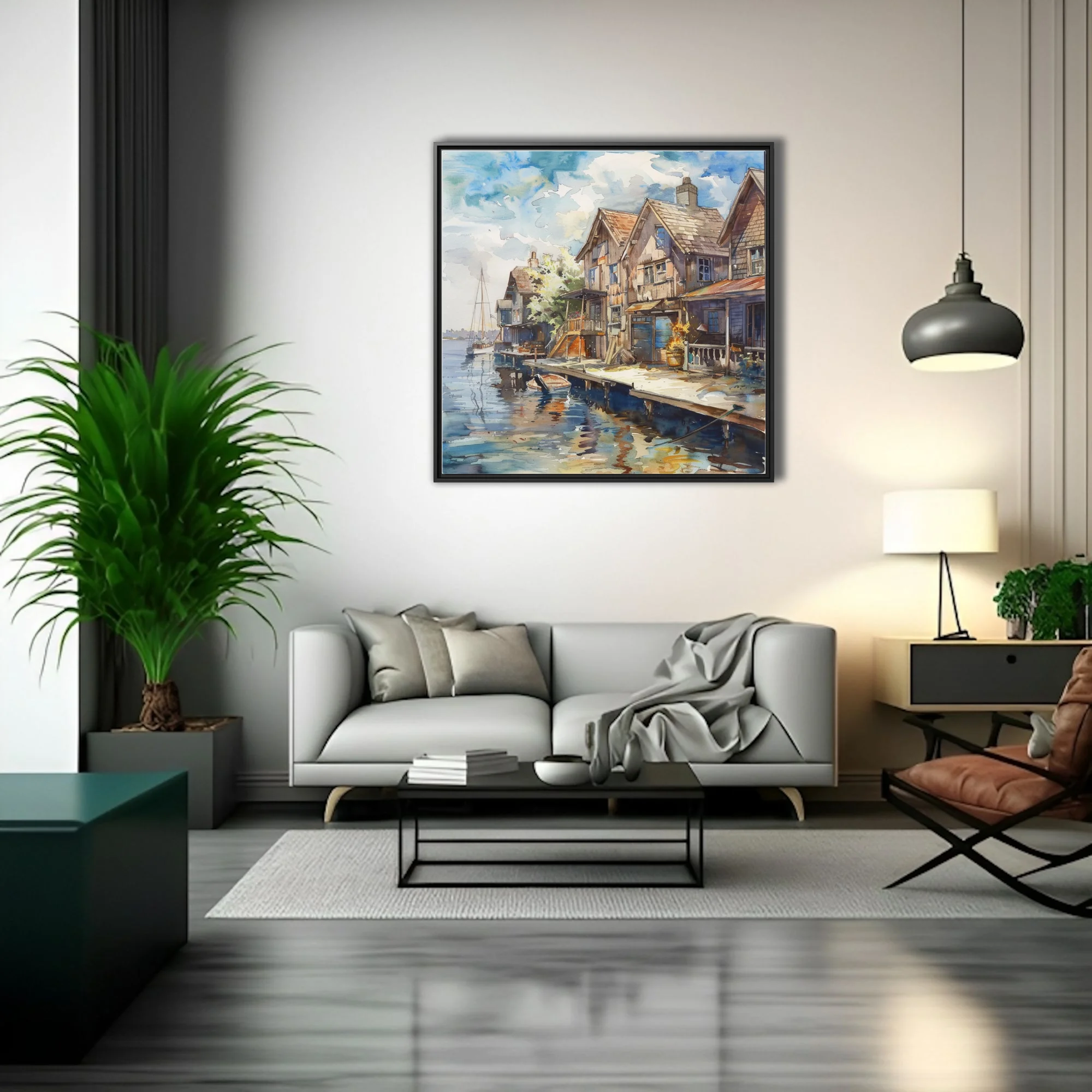 Watercolor-style seaside village with weathered dockside buildings and reflective blue water