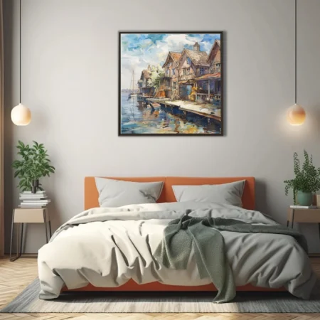 Watercolor-style seaside village with weathered dockside buildings and reflective blue water
