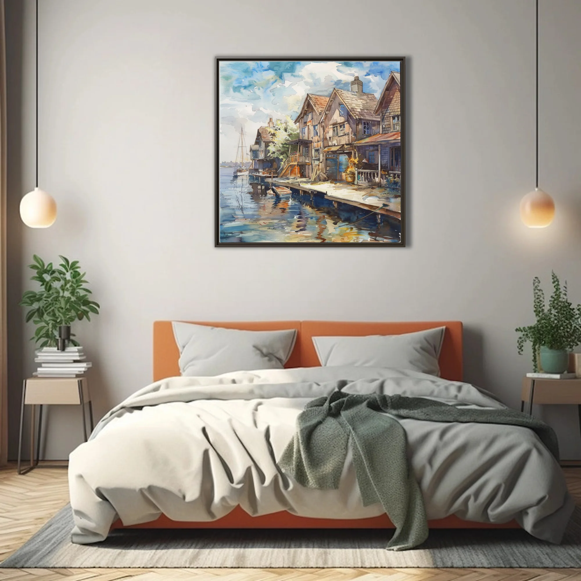 Watercolor-style seaside village with weathered dockside buildings and reflective blue water