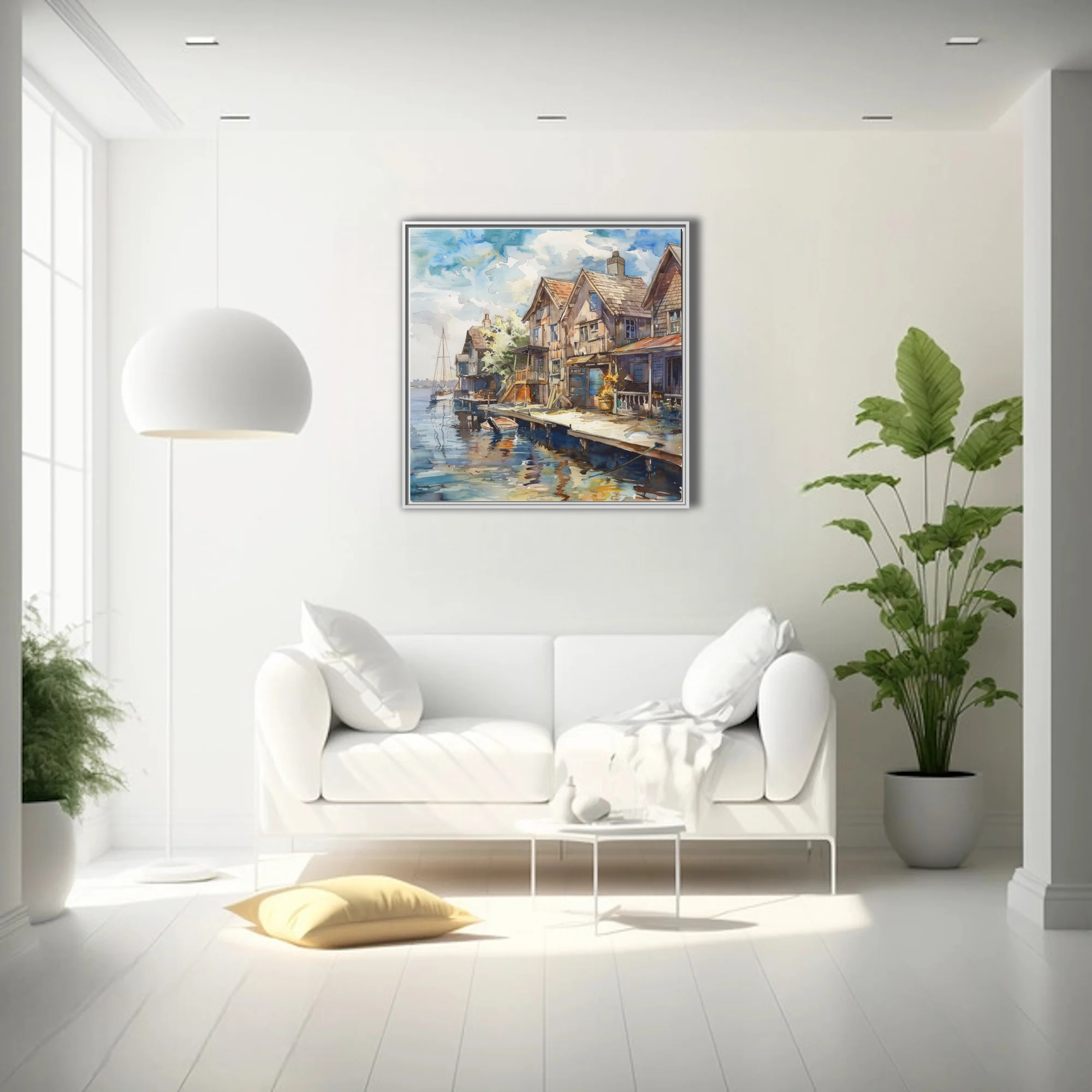Watercolor-style seaside village with weathered dockside buildings and reflective blue water